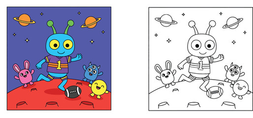 Cute Alien Monster Playing American Football on a Planet with Coloring Page Version, Kawaii Space Sports Character Vector Set for Kids Activity Books and Fun Education © MMONIR