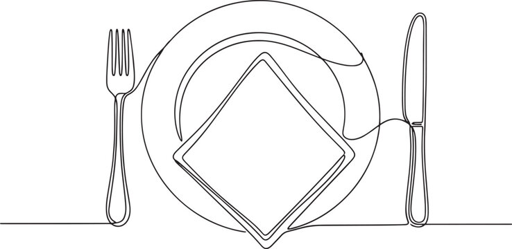 Continuous line drawing of a minimalist place setting featuring a dinner plate with a fork and knife and a napkin as a hand drawn vector illustration