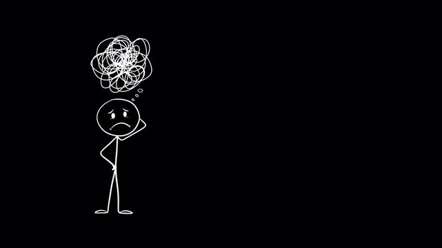 Animated Loop Puzzled Stick Figure with Dense Tangled Thoughts on Transparent Background. Alpha channel. Mental health struggles, confusion, deep anxiety, overwhelming stress. For video editors, vlogs