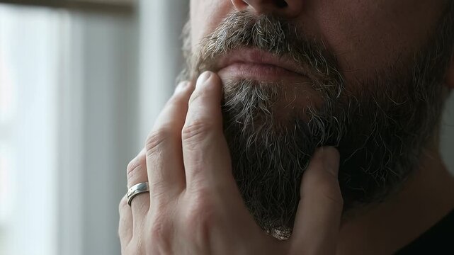 Man with beard touching face.