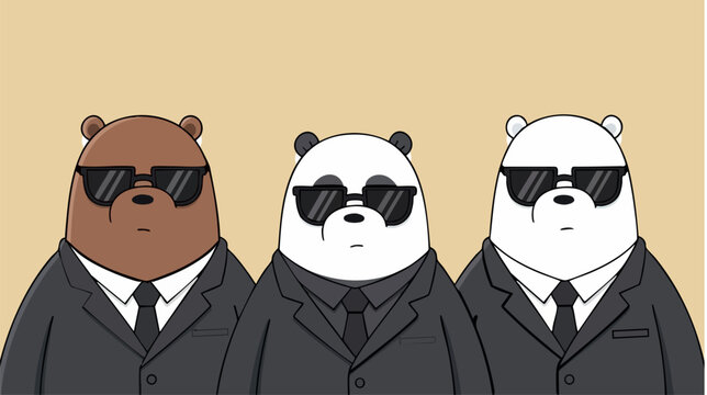 Cool bears in black suits and sunglasses vector illustration, grizzly panda and polar bear secret agents, funny animal bodyguards character art