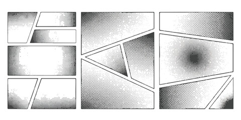 A black and white comic book page template with empty panels featuring various geometric shapes. © md
