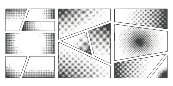 A black and white comic book page template with empty panels featuring various geometric shapes.