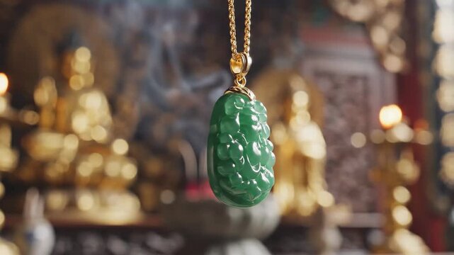 A jade pendant necklace displayed in a religious setting