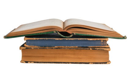 Fototapeta premium Isolated stack of three old antique books with a vintage green one open on top
