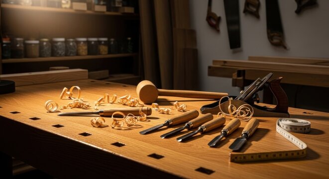 A traditional woodworking workbench adorned with chisels, mallet, and wood shavings, showcasing the art of craftsmanship