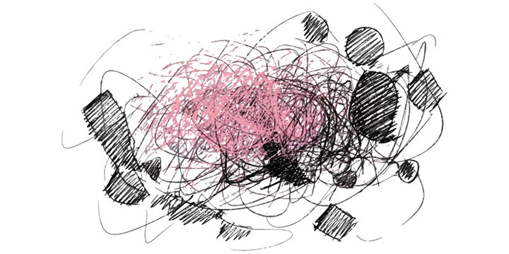 An abstract hand drawn sketch featuring chaotic black ink lines and a central textured pink shape.