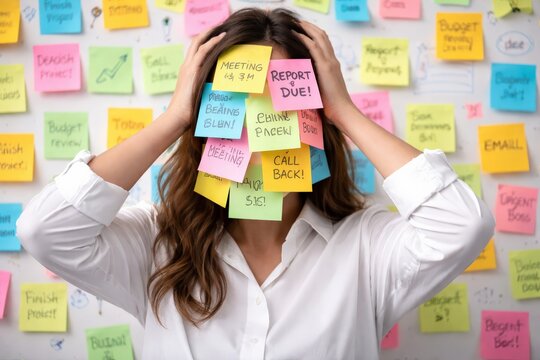 Overwhelmed Individual Surrounded by Colorful Sticky Notes Representing Unfinished Tasks and Overloaded Schedule, Capturing the Stress of Modern Life
