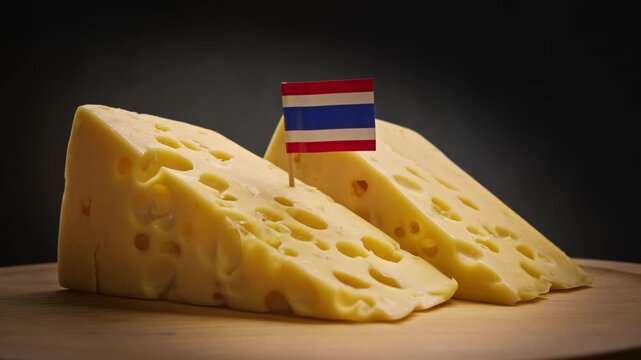 Classic triangular cheese on board for pad thai from traditional Thai farms and Thailand flag.