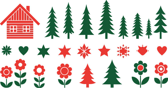 Red and green rustic cottage pine trees blooming flowers stars and hearts collection for scandinavian winter holiday greetings and folk style seasonal nature icon set