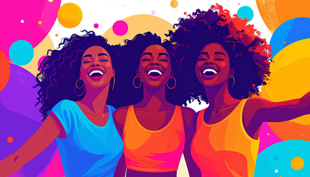 Three smiling Black women against a colorful abstract background  