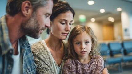 Obraz premium Medium shot of family waiting in ambulatory surgery center lobby parents comforting child with clear focus on their expressions and background seating softly out of focus.