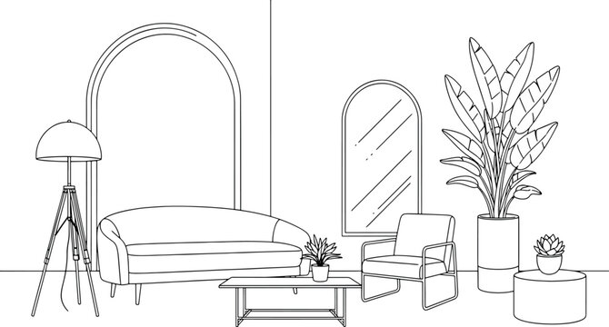 Modern living room interior with stylish sofa floor lamp coffee table and indoor plants in minimalist line art style for home decor hand drawn vector illustration