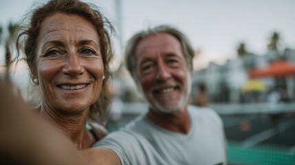 Obraz premium Beach selfie: Smiling couple by the ocean.