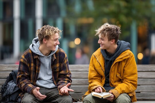 Young Man Sharing the Gospel One on One in the City on a park bench