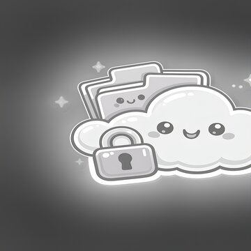 Secure cloud storage with smiling cartoon cloud and locked folders on gray background