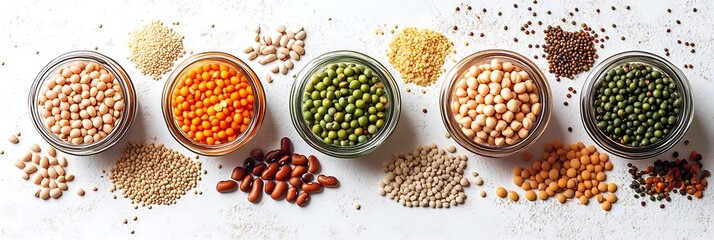 Naklejka premium A variety of legumes and grains arranged in small glass bowls on a white surface
