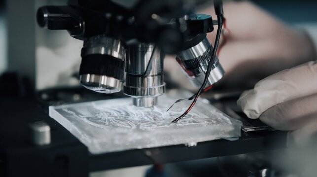 Focused microtome sectioning of frozen tissue specimen displaying crisp tissue slices with indistinct hands and background elements.