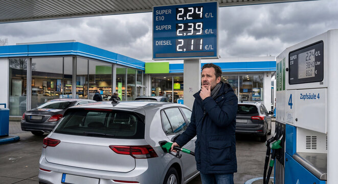 Worried driver at gas station with high prices