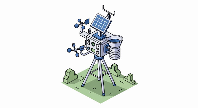 Isometric Automated Weather Station with Solar Panel and Meteorological Sensors for Climate Monitoring and Environmental Data Collection