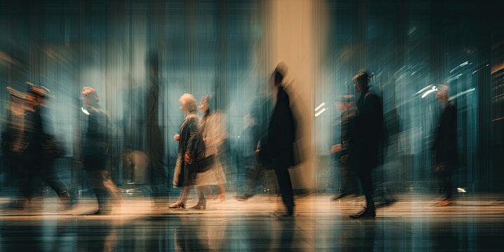 Business people walking along the corridor of the business center created a blurred movement, preventing modern office movement from being neutralized