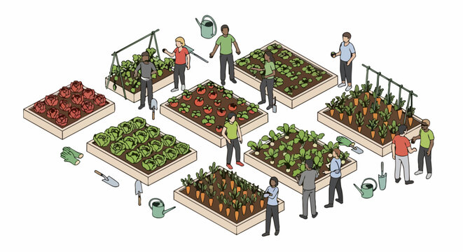 Sustainable Urban Community Garden Illustration with Diverse People Planting Vegetables in Raised Beds, Gardening and Local Food Production Concept