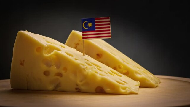 Fresh cheese sliced with holes from Kuala Lumpur farms and Malaysia flag.
