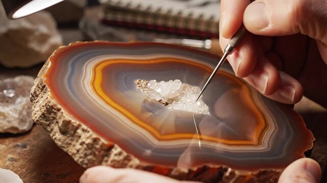 A jeweler carefully working on a beautiful gemstone agate