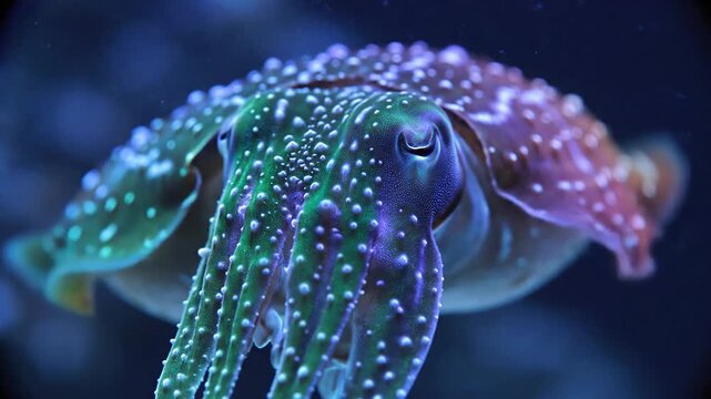 A detailed close up of a colorful squid in deep water