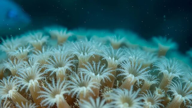Coral polyps extending tentacles in deep blue ocean water. Macro view of marine organism in reef. Underwater life concept for World environment day celebration.