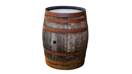 Fototapeta premium Isolated rustic old wooden barrel with rusty metal bands for wine whiskey and rum storage