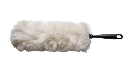 Isolated fluffy white duster with a black handle, a common household cleaning tool © Veaceslav