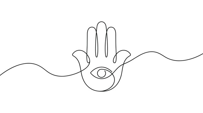 Hamsa hand symbol with eye and wavy line continuous line drawing minimalist style