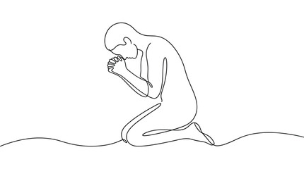 Obraz premium Minimalist line art drawing of a person kneeling in prayer or meditation with hands clasped in front of face.