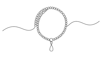 Fototapeta premium Elegant pearl necklace with a teardrop pendant and flowing threads on a white background