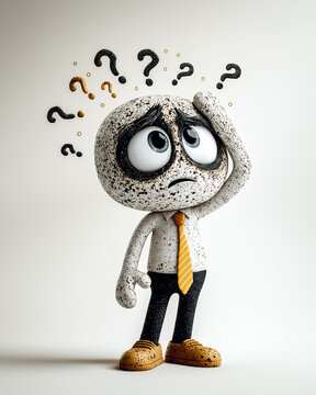 Character's Dilemma: A figurine, grappling with a flurry of question marks above its head, personifies the weight of uncertainty and critical contemplation.