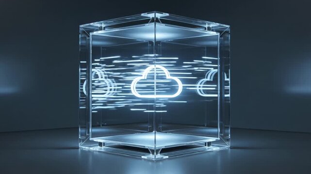 Glowing cloud icon floats inside transparent cube with digital patterns in dark room