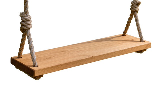 Isolated rustic wooden swing seat with thick natural ropes and secure knots, handcrafted.