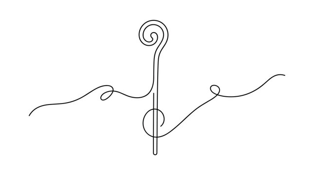 Elegant single line drawing of a shepherd's crook with swirling decorative elements on a white background