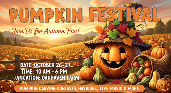 A vibrant pumpkin festival advertisement with a smiling jack-o-lantern in a field at sunset