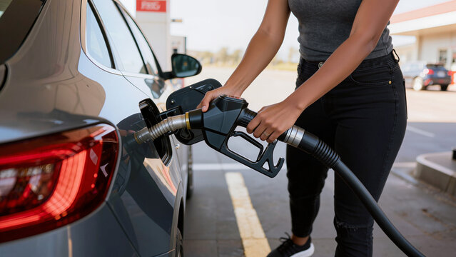 woman is refueling a car,
A driver is filling up the vehicle,
The scene shows a common transportation task,
A person is waiting for the tank to fill,
The fuel tank is being replenished,