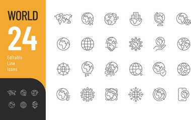 World Line Editable Icons set. Vector illustration in a modern thin line style of Earth related icons: map, ecology, population, and more. Isolated on transparent background. 