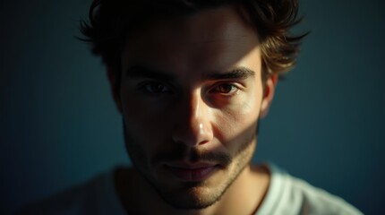 Obraz premium Close-up portrait of a man with light and shadow highlighting his features in a minimalist setting to convey an awareness message 