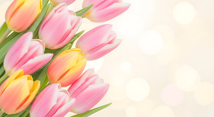 Fototapeta premium Pink and yellow tulips on light bokeh background elegant spring floral border design.