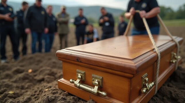 Funeral workers carefully lowering a wooden coffin into a burial plot during an outdoor ceremony, with grieving mourners in background 

