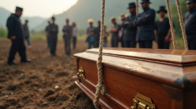 Funeral workers carefully lowering a wooden coffin into a burial plot during an outdoor ceremony, with grieving mourners in background 
