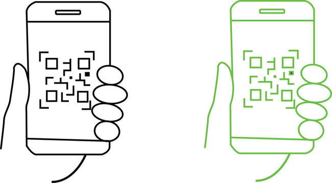 Two hands holding smartphones with QR codes on screen in black and green lines isolated on transparent background