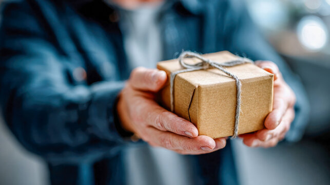 Hands holding wrapped cardboard gift box, simple packaging for delivery, shipping or holiday present