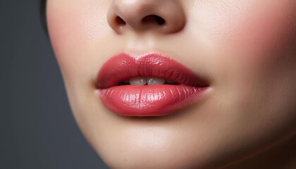 Naklejka premium a woman's lips, showcasing a soft, pink lip color. The woman's skin appears smooth and well-groomed, with subtle blush highlighting her features.