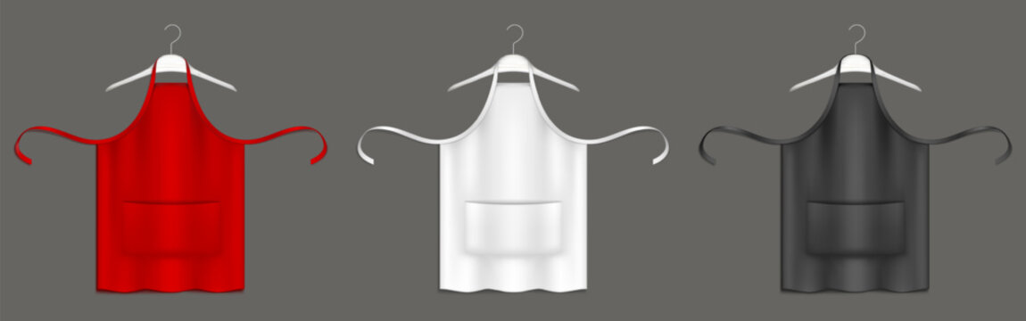 Chef aprons, black, red, white uniform on hangers